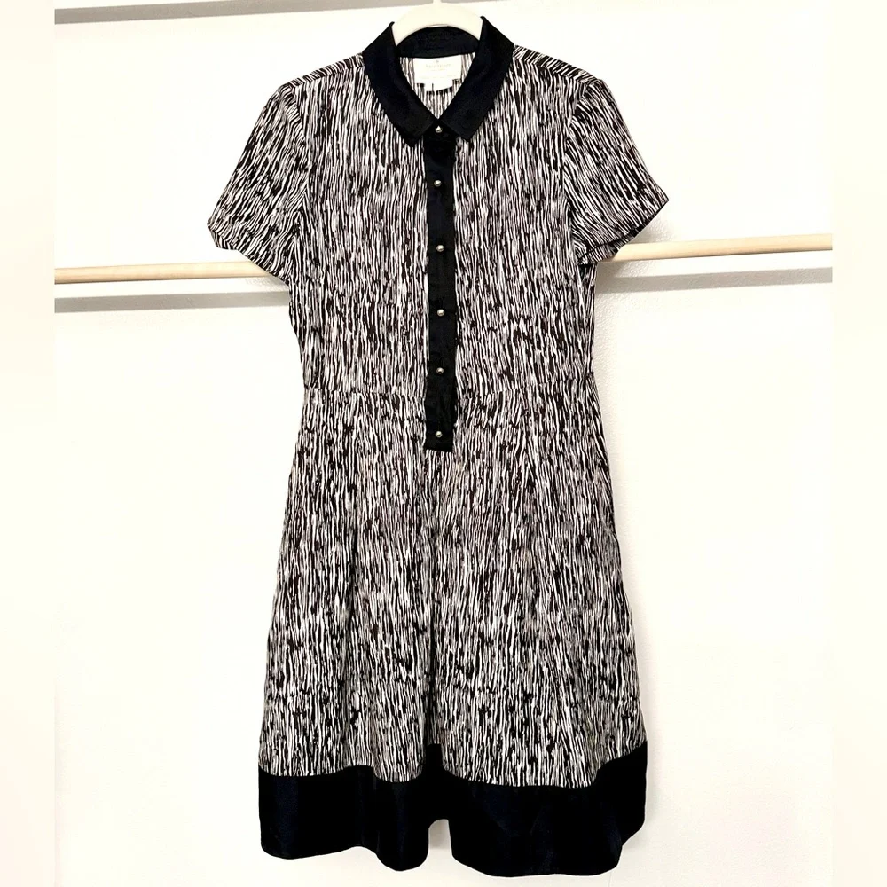 Kate Spade Stefania Silk Dress Black White Flare‎ Fit Above Knee Pockets Size 2